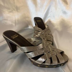 STUART WEITZMAN Metallic Woven Peep Toe Leather Mules